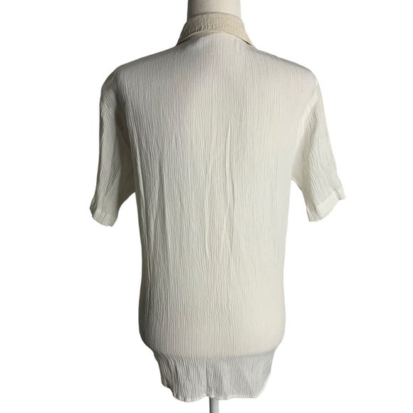 Vintage 90s Button Up Crinkle Blouse M White Short Sleeve Embroidered Cut Outs - Picture 7 of 9